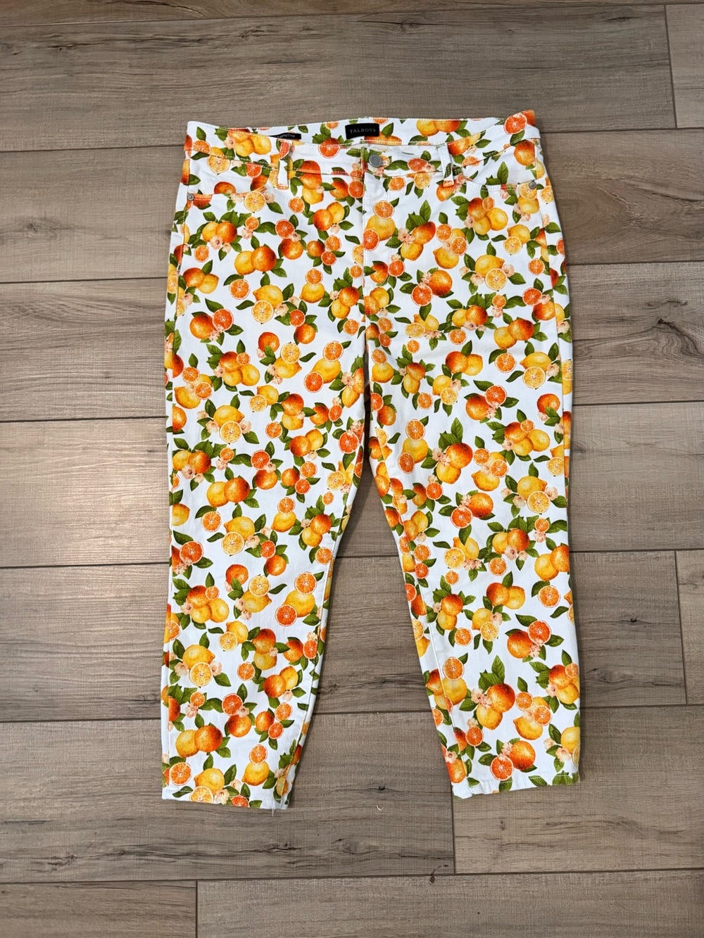 Talbots Pettites Orange & Lemon Print White Jegging Crop Pants